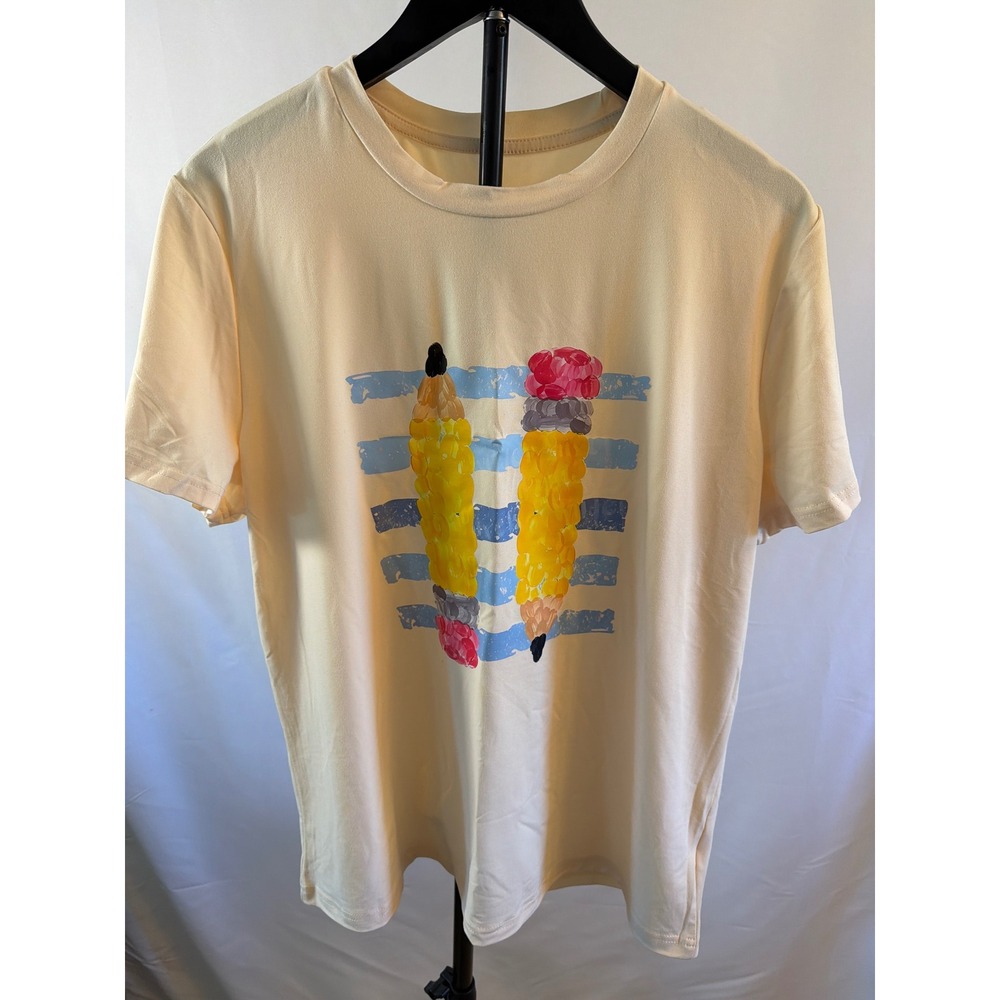 Cream Graphic Pencil Art T-Shirt Short Sleeve Crew Neck XXL Teacher Artist